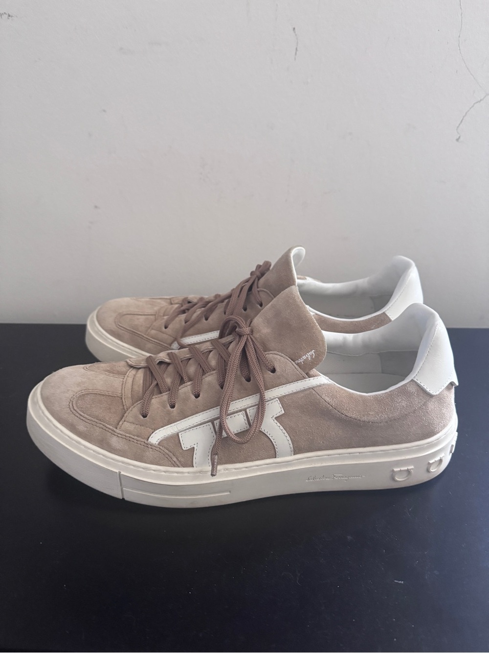 Salvatore Ferragamo Almond Suede and White Leather Sneakers
